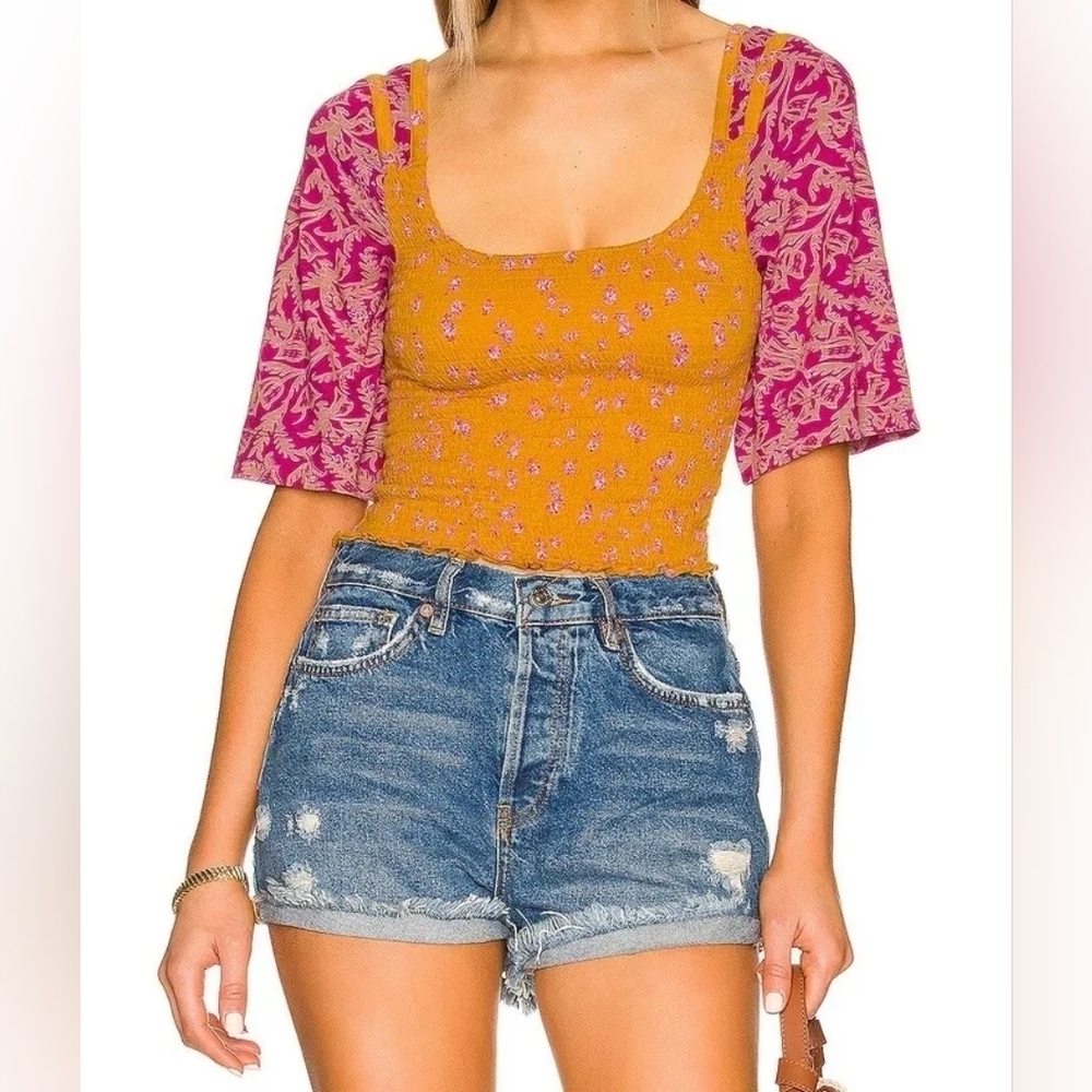 Free People Marigold Smocked Top NWT in Golden Combo L Summer Beach Festival